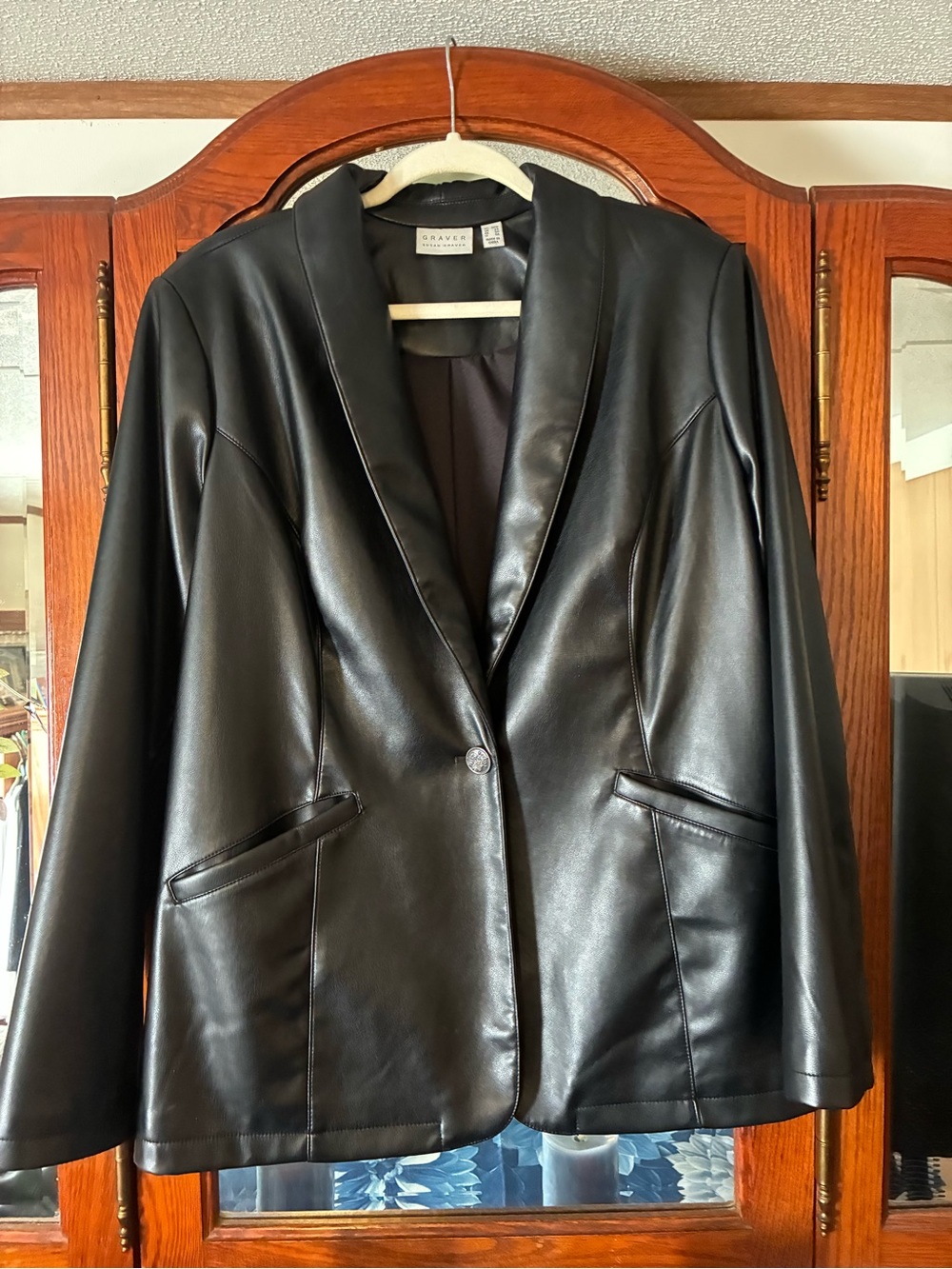 Susan Graver Black Faux Leather Blazer with Shawl Lapel